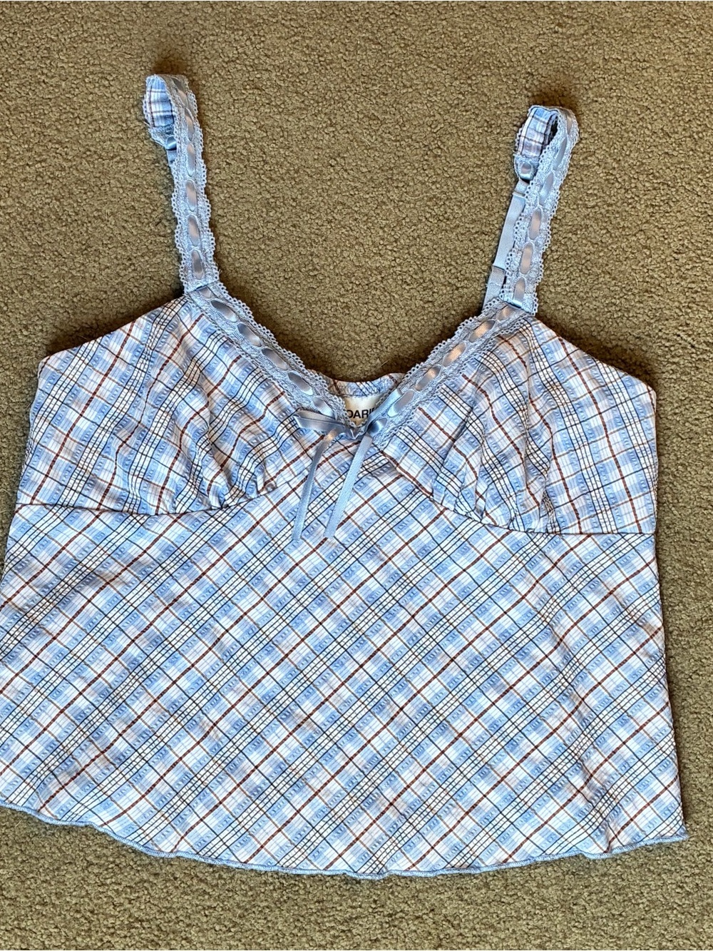 No Boundaries Light Blue Plaid Lace-Trim Tank Top Cropped Size Large 12/14